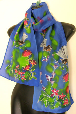 Fantail Garden - Hand painted Silk Scarf - Satherley Silks NZ