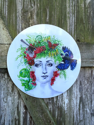Fornasetti Portrait painting with Tui and Fantail  - Outdoor Garden Art Panel