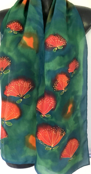 Pohutukawas on Green -  Hand painted Silk Scarf