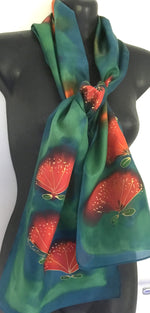Pohutukawas on Green -  Hand painted Silk Scarf