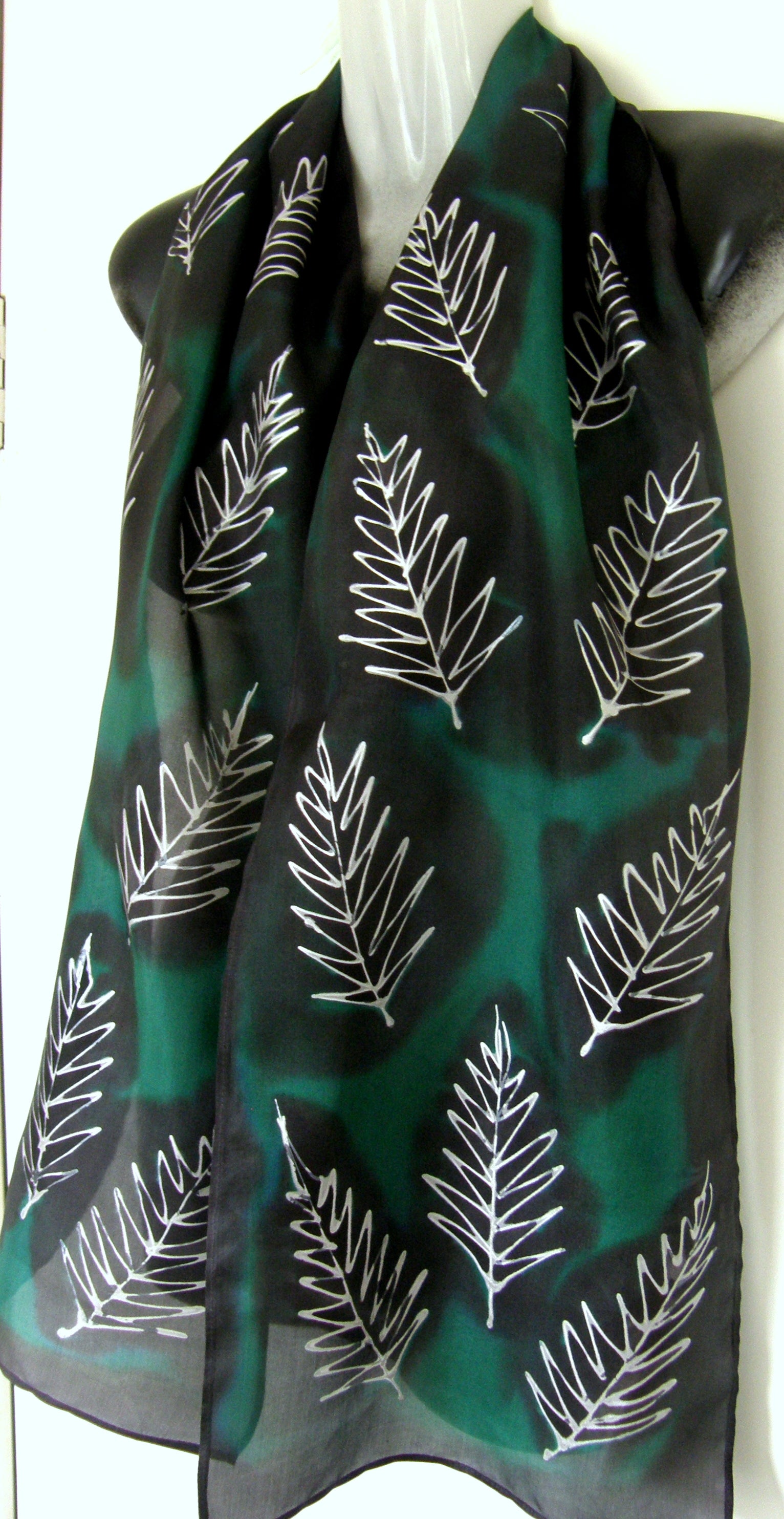 Silver Ferns in Green & Black - Hand Painted Silk Scarf - Satherley Silks NZ