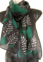 Silver Ferns in Green & Black - Hand Painted Silk Scarf - Satherley Silks NZ