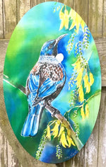 Tui with Kowhai flowers Oval Art Panel