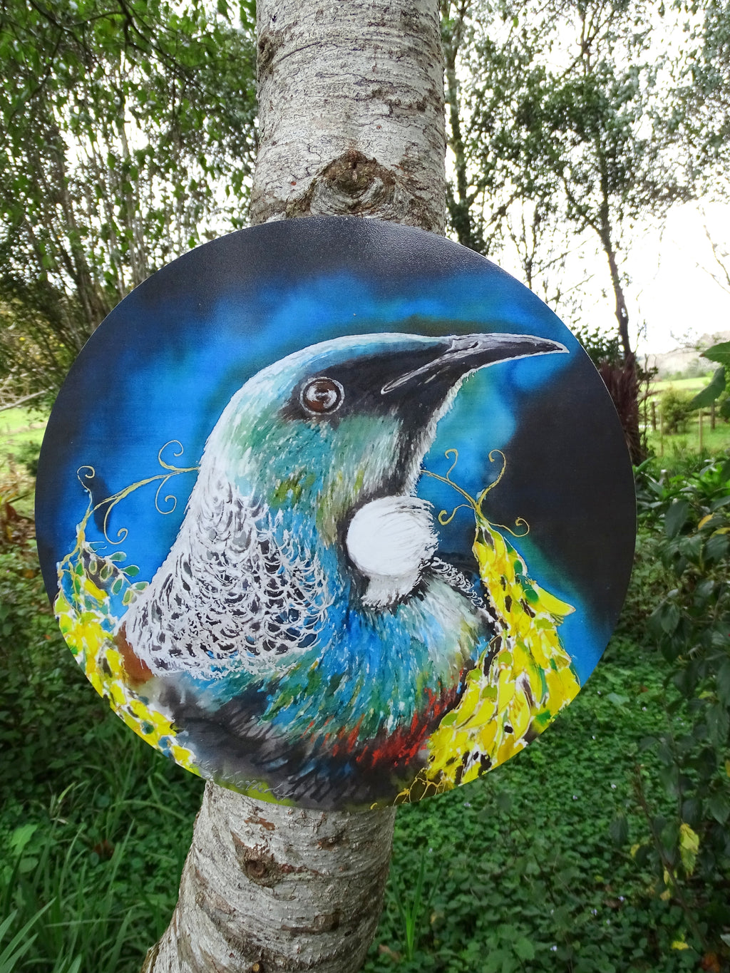 Tui Portrait, with Kowhai Necklace - Outdoor Garden Art Panel - Satherley Silks NZ