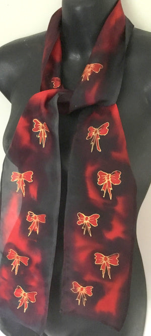 Bows Skinny - Hand painted Silk Scarf - Satherley Silks NZ