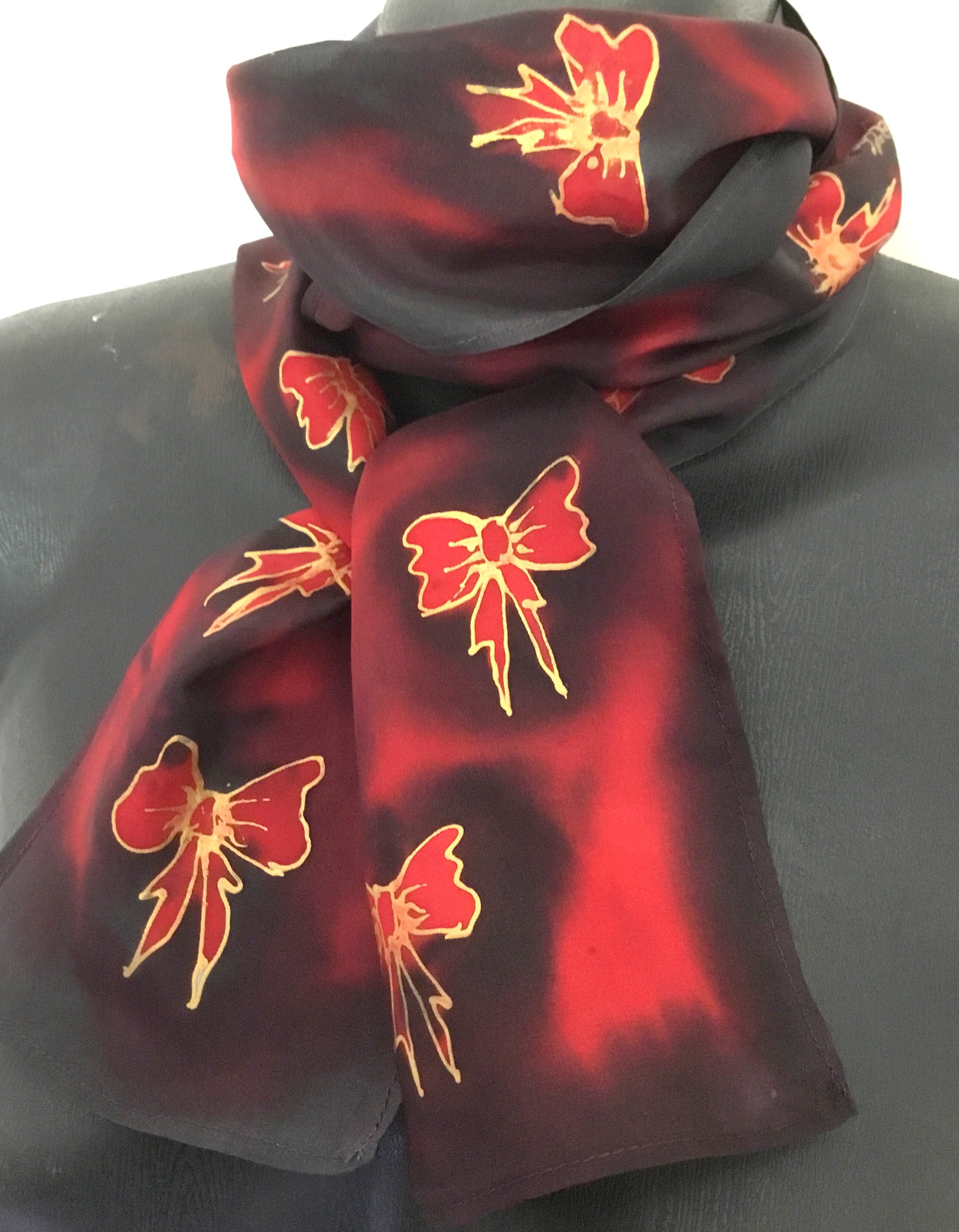 Bows Skinny - Hand painted Silk Scarf - Satherley Silks NZ