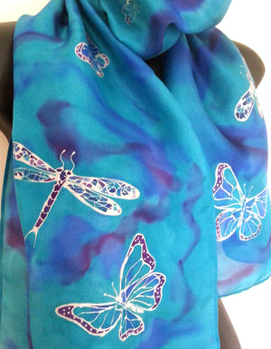 Butterflies & Dragonflies - Hand painted Silk Scarf - Satherley Silks NZ