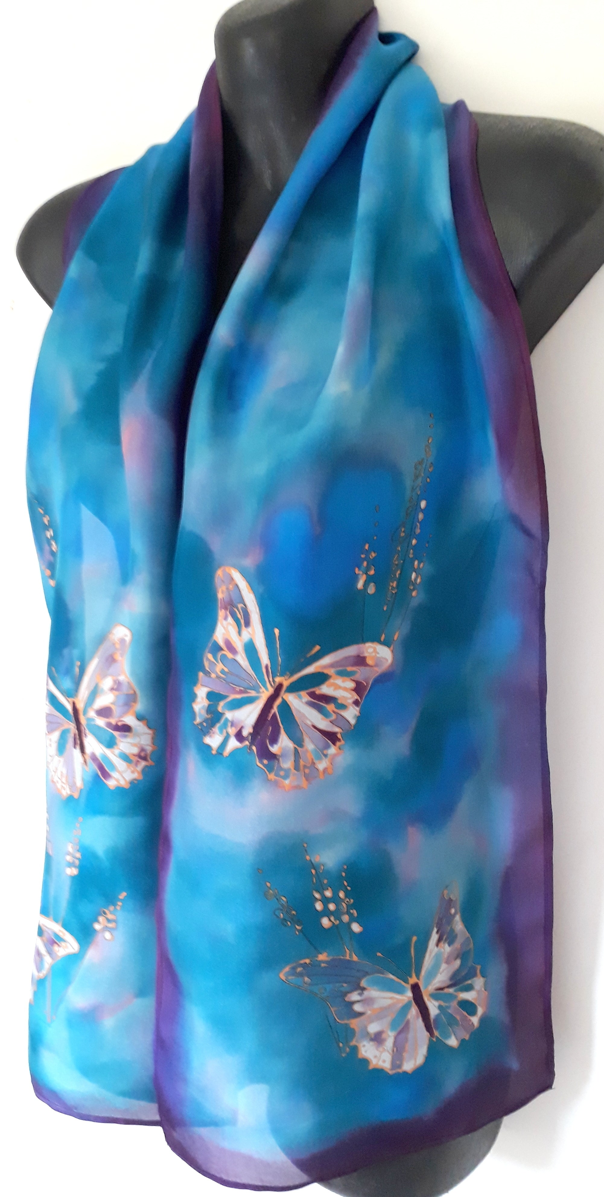 Butterflies in Gold on Blue and Purple - Hand painted Silk Scarf - Satherley Silks NZ