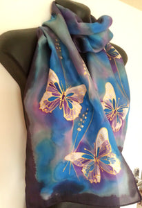 Gold Filigree Butterfly - Hand painted Silk Scarf - Satherley Silks NZ