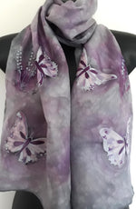 Butterfly Silver, Dusky Purple- Hand Painted  Silk Scarf - Satherley Silks NZ