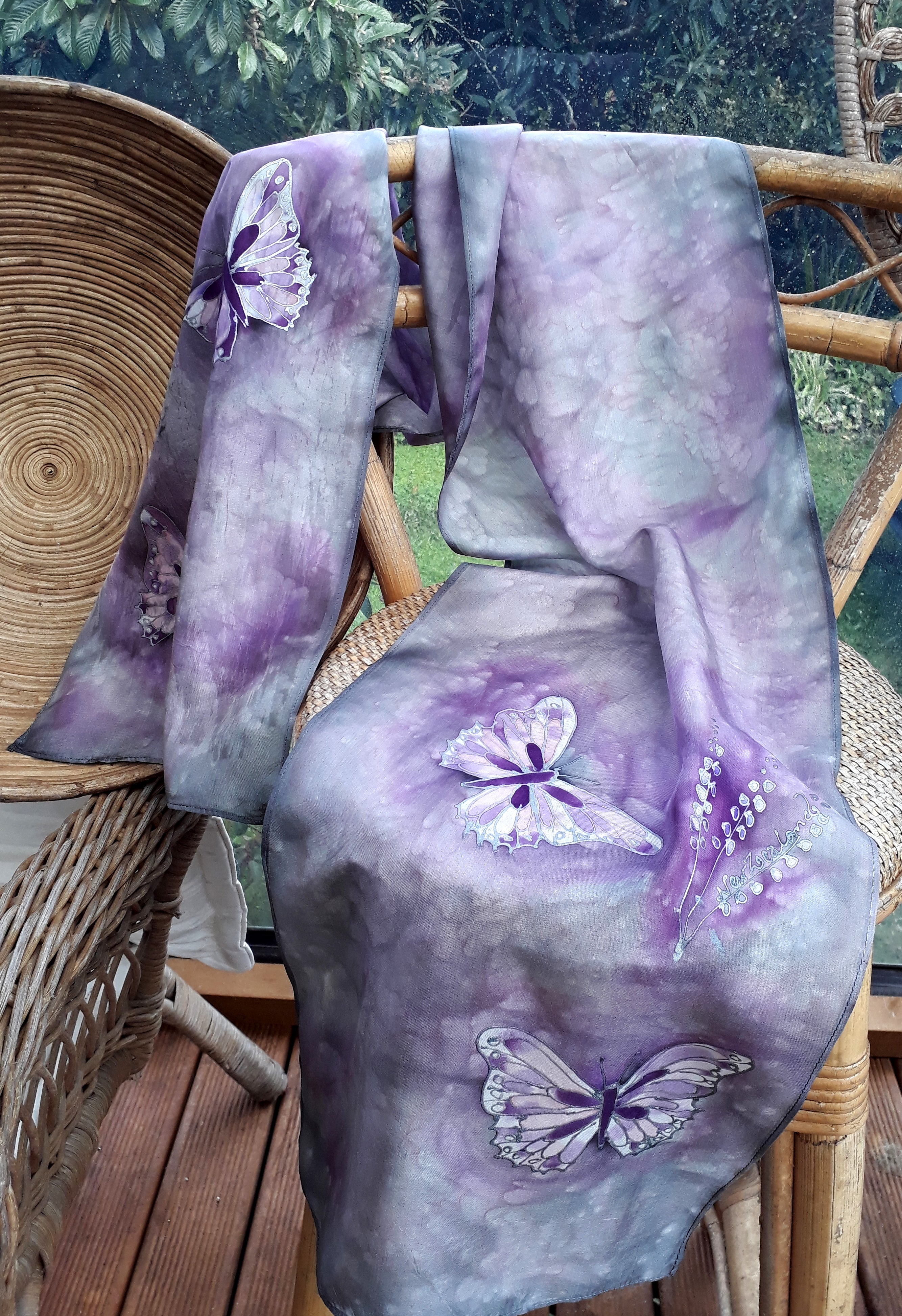 Butterfly Silver, Dusky Purple- Hand Painted  Silk Scarf - Satherley Silks NZ