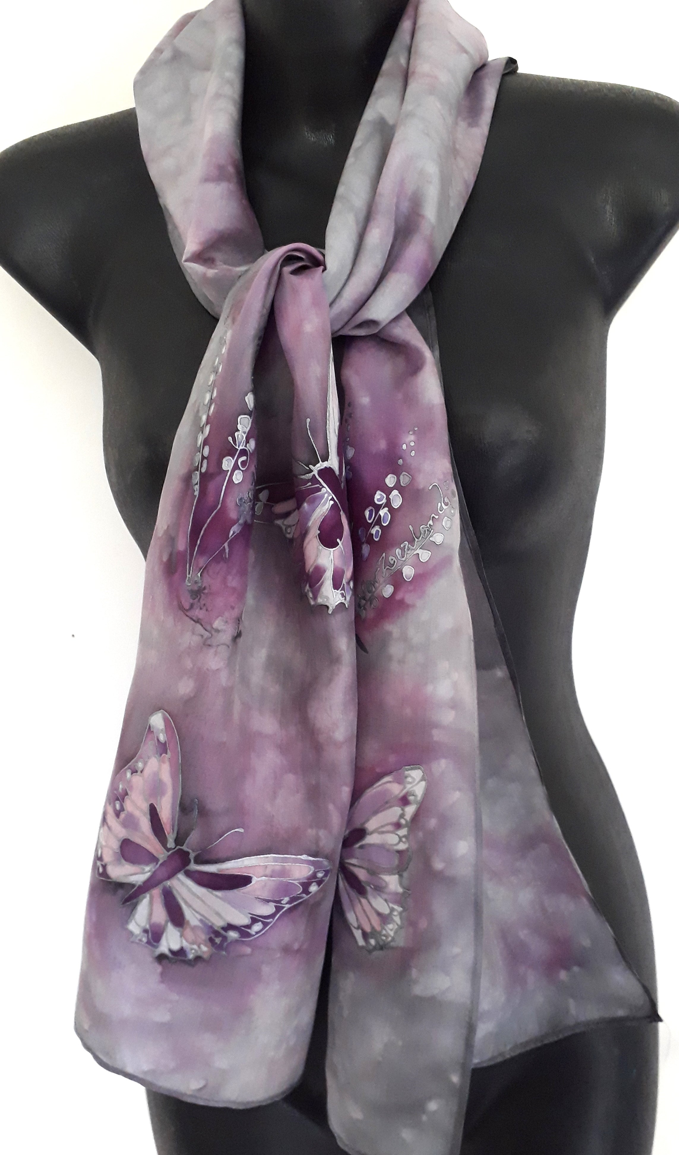 Butterflies in Silver and Purple - Hand painted Silk Scarf