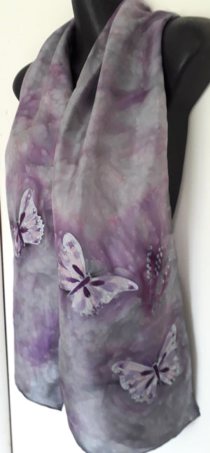 Butterflies in Silver and Purple - Hand painted Silk Scarf