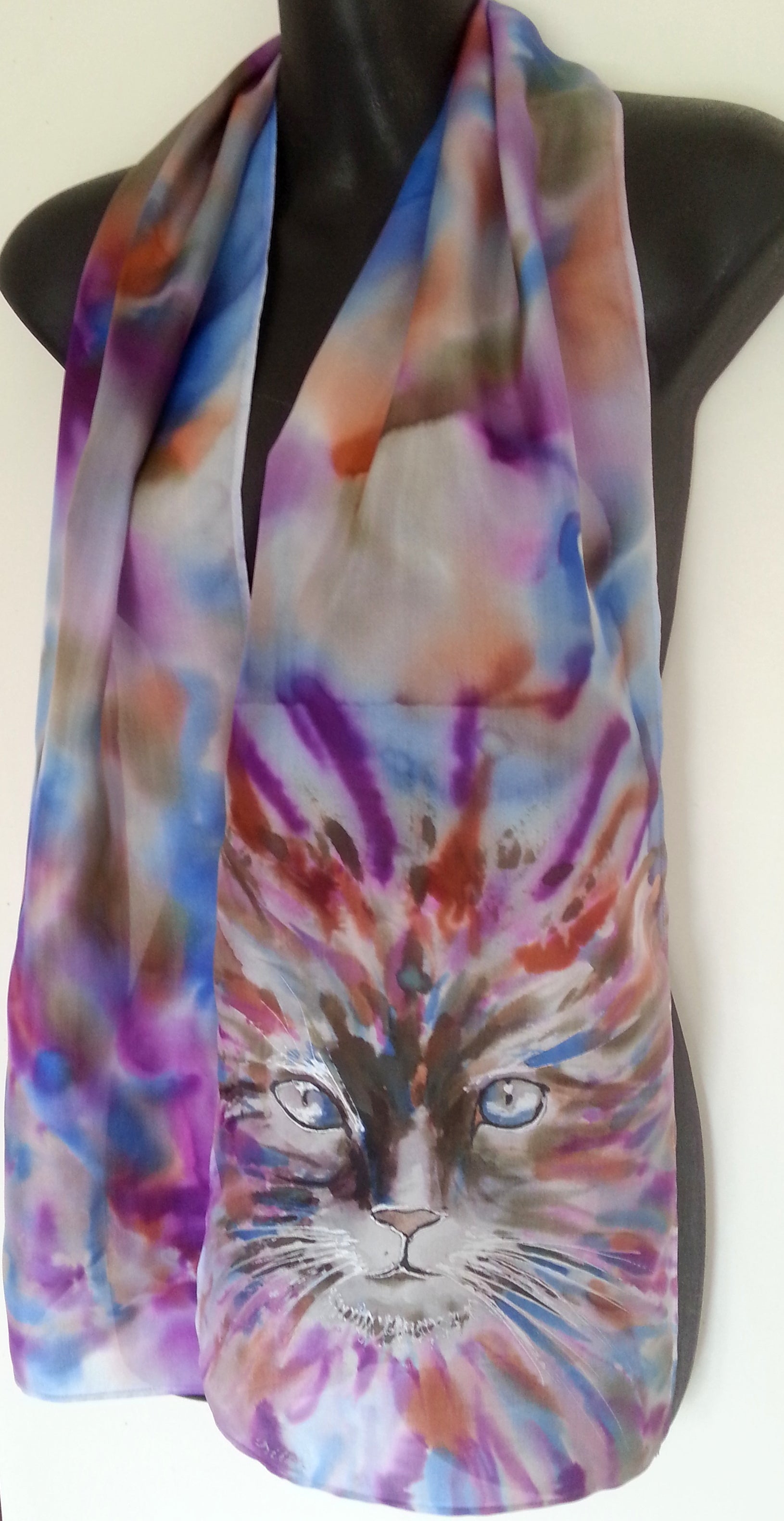 Tabby Cat Face  Hand Painted Silk scarf - Satherley Silks NZ