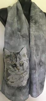 Silver Grey Cat Pet Portrait - Hand painted Silk Scarf - Satherley Silks NZ