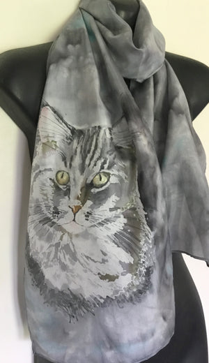 Silver Grey Cat Pet Portrait - Hand painted Silk Scarf - Satherley Silks NZ