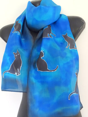 Blue, Aqua and black Cats -  Animal Hand painted Silk Scarf