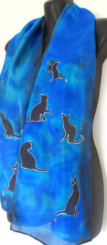 Blue, Aqua and black Cats -  Animal Hand painted Silk Scarf
