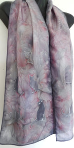silver cats on grey pink silk scarf
