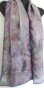 silver cats on grey pink silk scarf