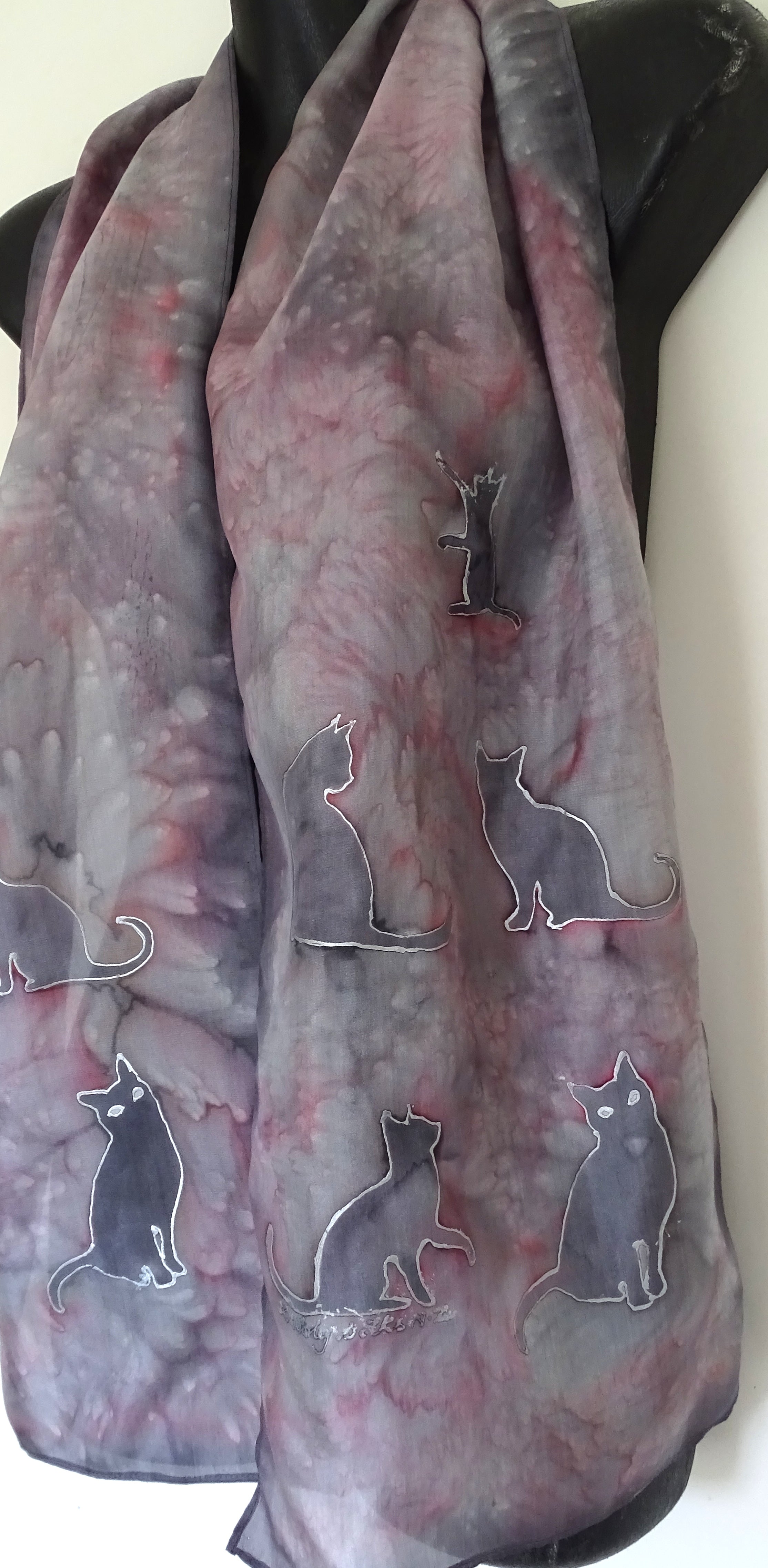 Silver/ Grey Cats  - Animal Hand painted Silk Scarf