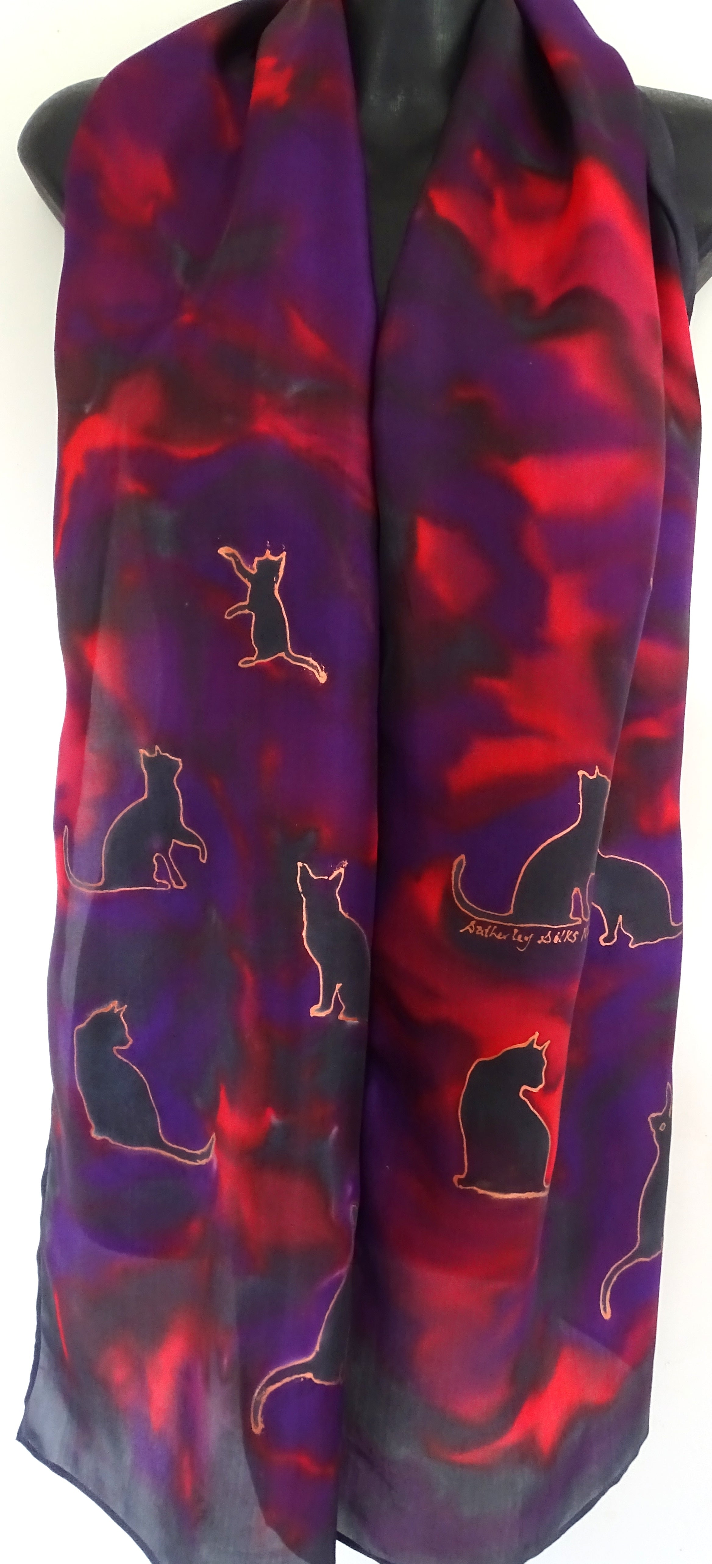 Cats scarf Red, Purple and Black -  Animal Hand painted Silk Scarf