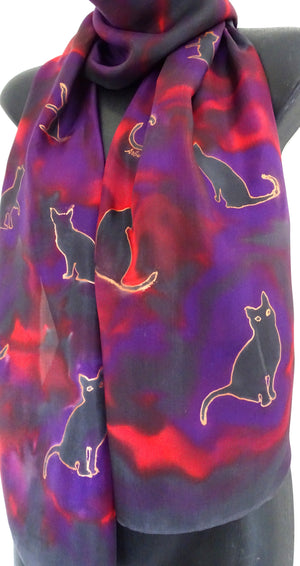 Cats scarf Red, Purple and Black -  Animal Hand painted Silk Scarf