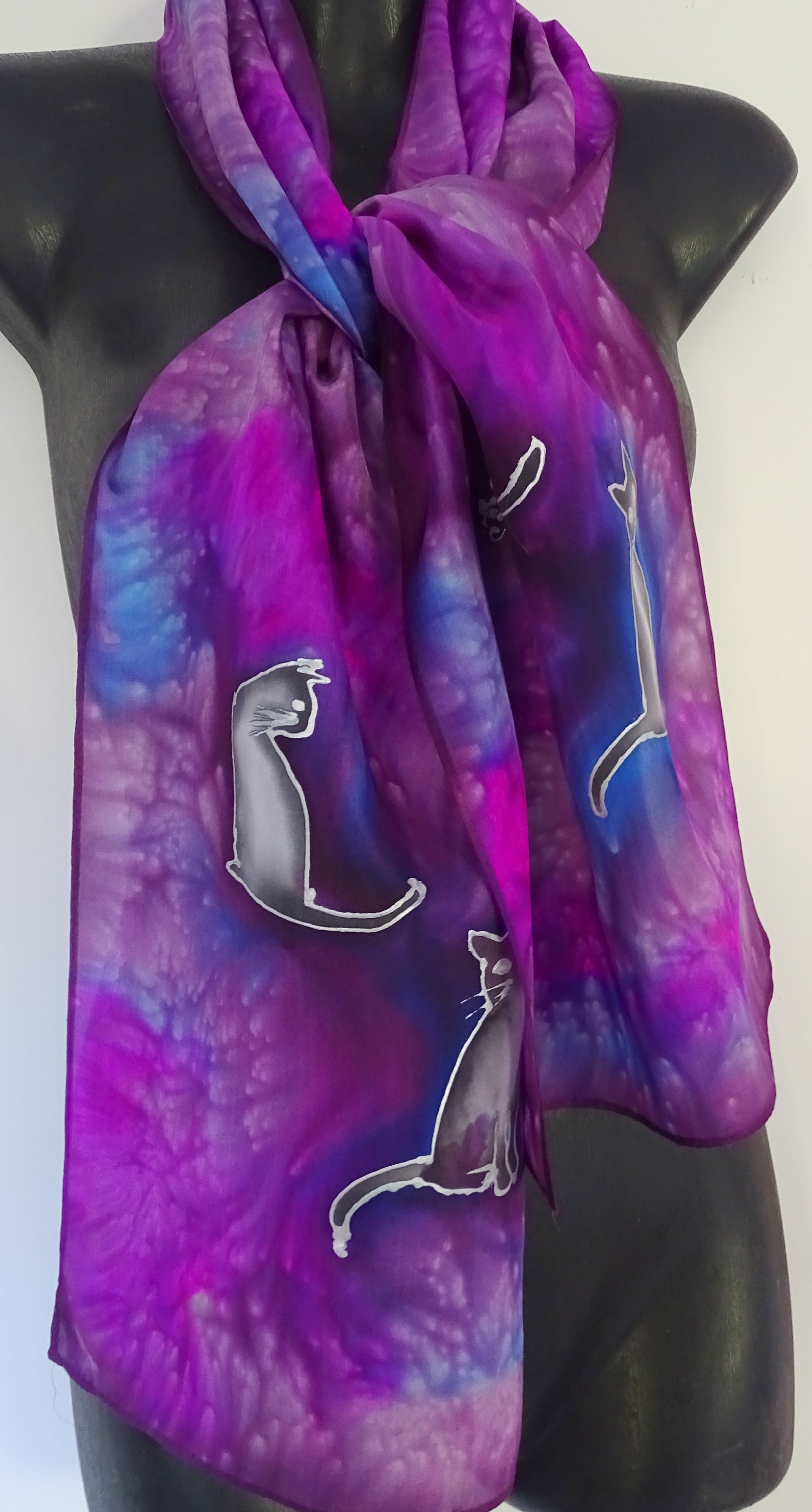 Cats on Purple and Cerise -  Animal Hand painted Silk Scarf