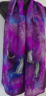 Cats on Purple and Cerise -  Animal Hand painted Silk Scarf