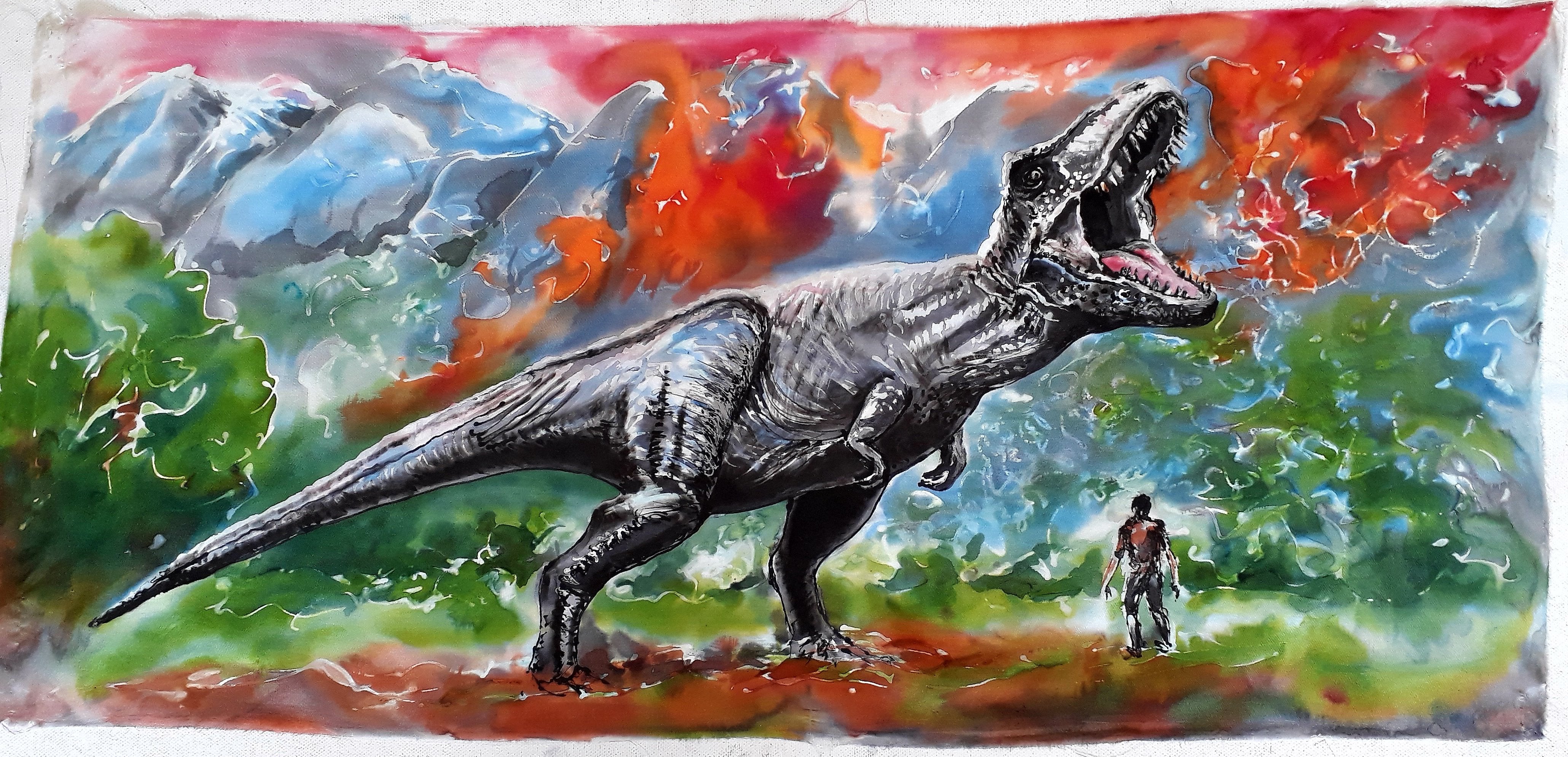 Dinosaur Original Silk Painting - Satherley Silks NZ