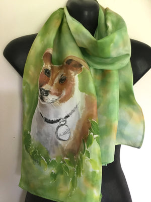 Fox Terrier, a dog Pet Portrait - Hand painted Silk Scarf - Satherley Silks NZ