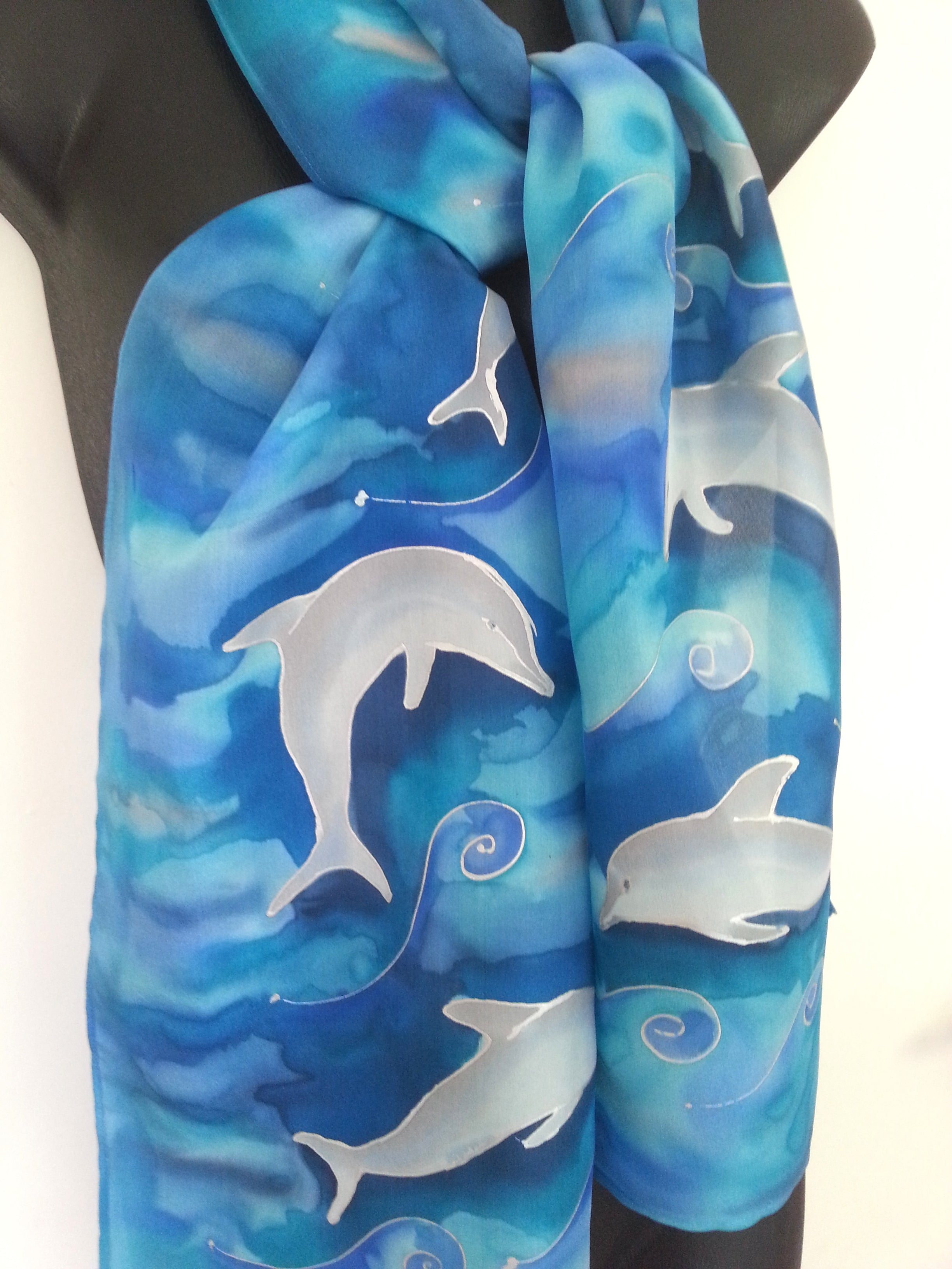 Dolphins  Seascape - Hand painted Silk Scarf, - Satherley Silks NZ
