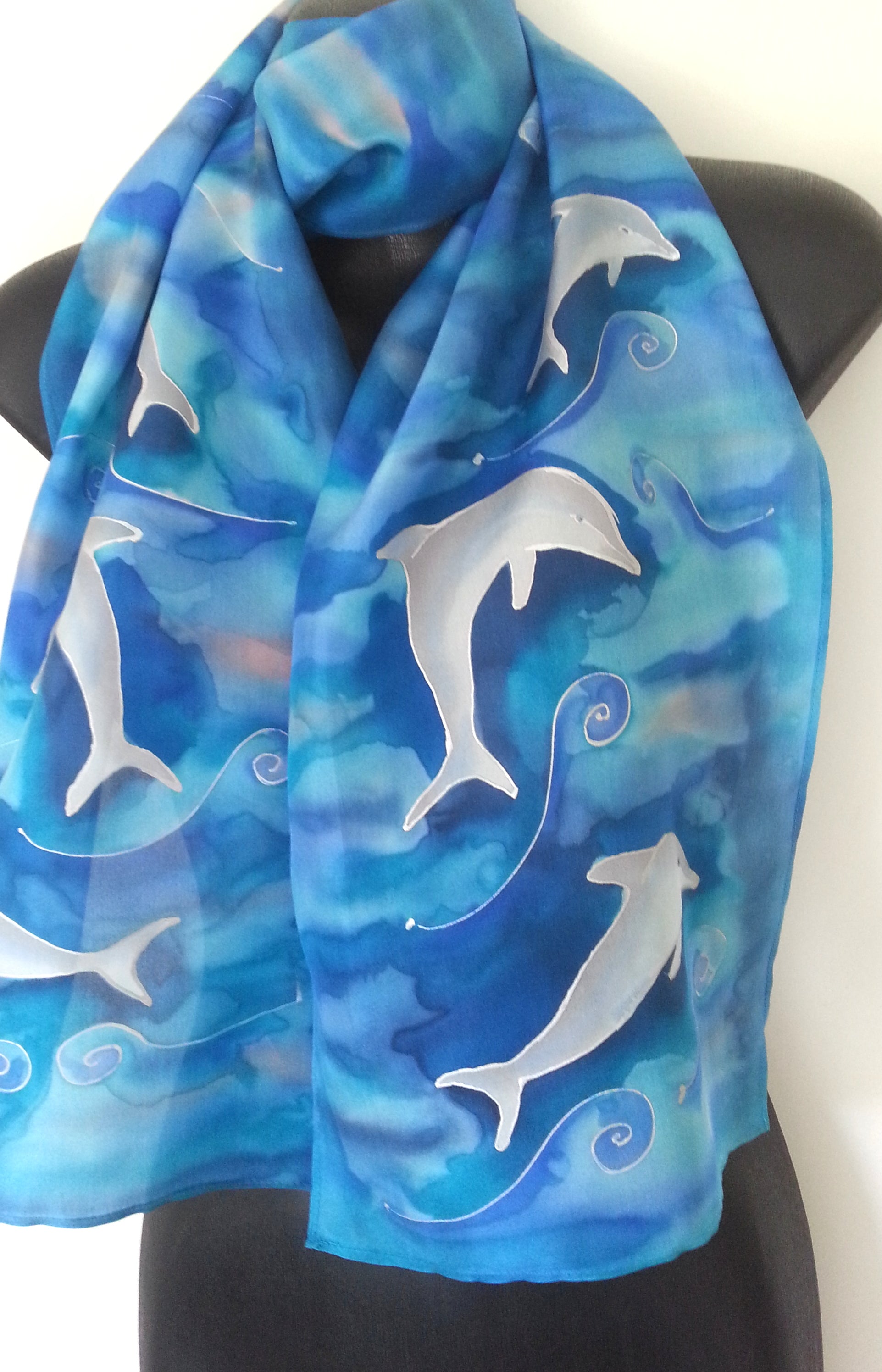 Dolphins  Seascape - Hand painted Silk Scarf, - Satherley Silks NZ