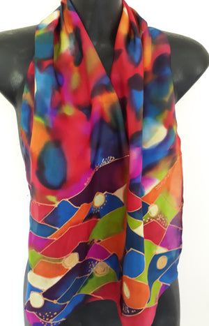 Rainbow Jazz coloured Handpainted Silk Scarf - Satherley Silks NZ