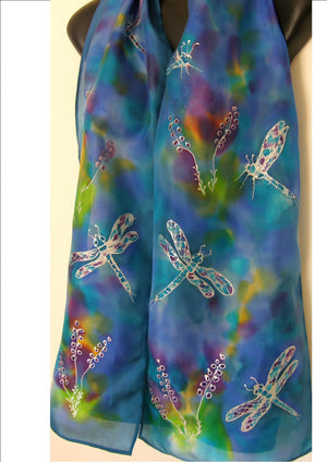 Dragonflies on Aqua & Purple - Hand painted  Silk Scarf - Satherley Silks NZ