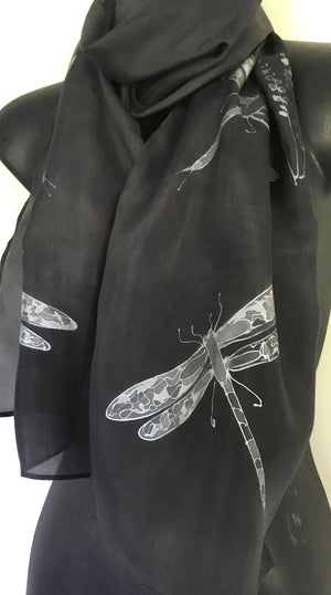 Dragonflies Black - Hand painted Silk Scarf
