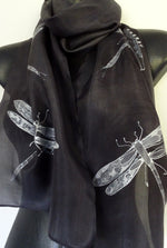 Dragonflies Black - Hand painted Silk Scarf