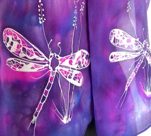 Dragonflies on Purple & Blue - Hand Painted Silk Scarf - Satherley Silks NZ