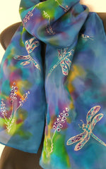 Dragonflies on Aqua & Purple - Hand painted  Silk Scarf - Satherley Silks NZ