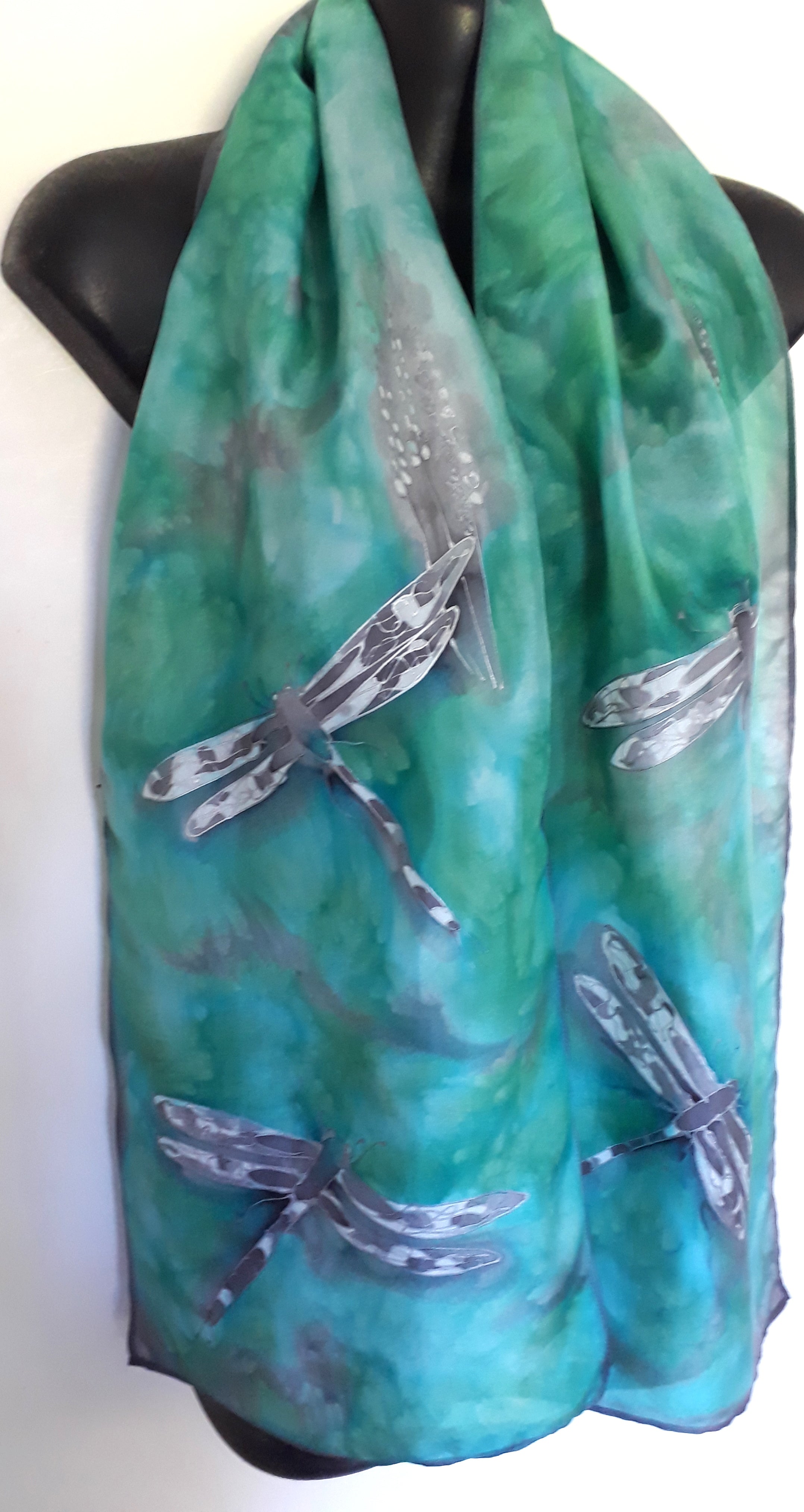 Dragonflies Mint and Sea Green - Hand painted Silk Scarf - Satherley Silks NZ
