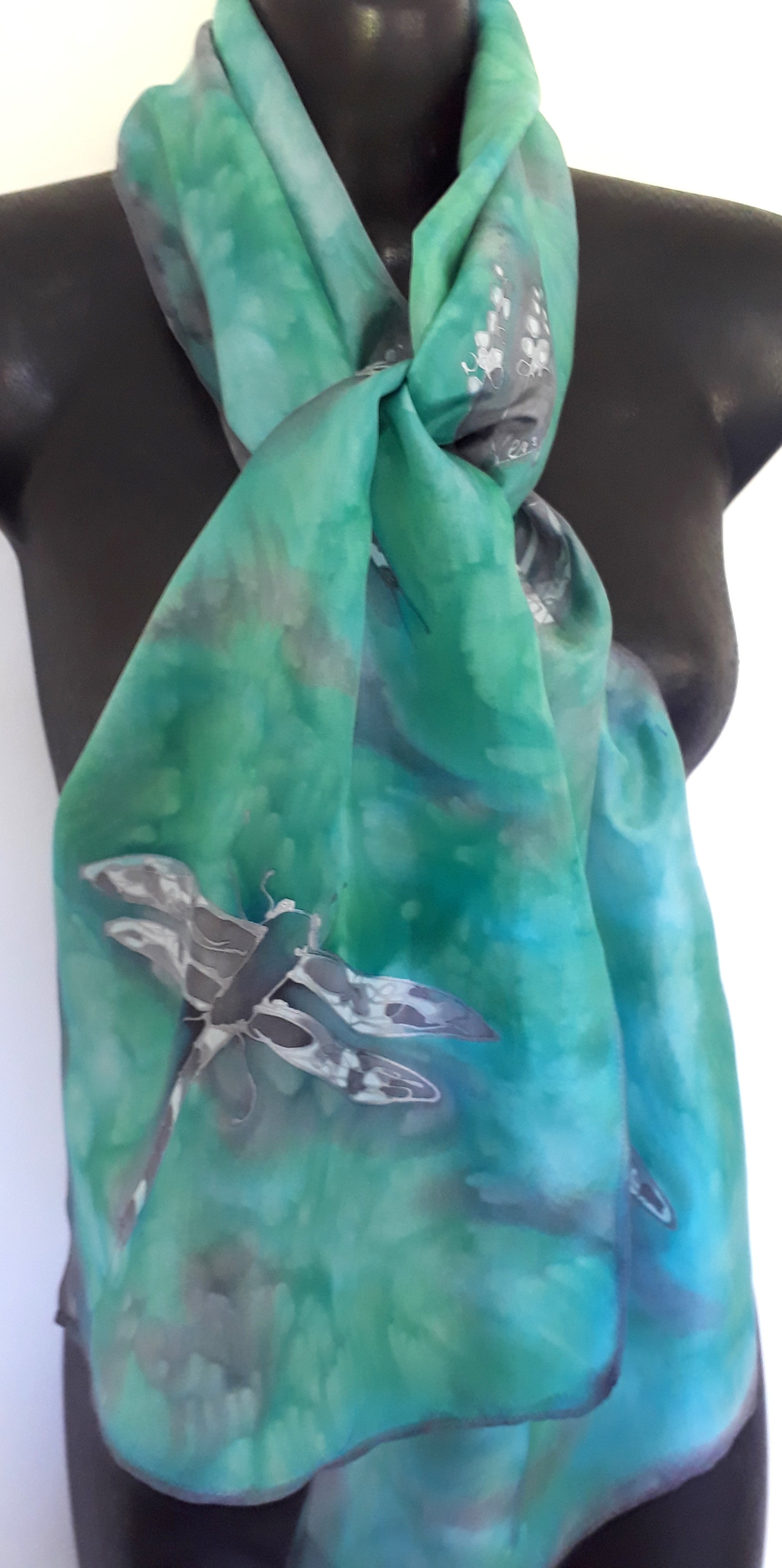 Dragonflies Mint and Sea Green - Hand painted Silk Scarf - Satherley Silks NZ