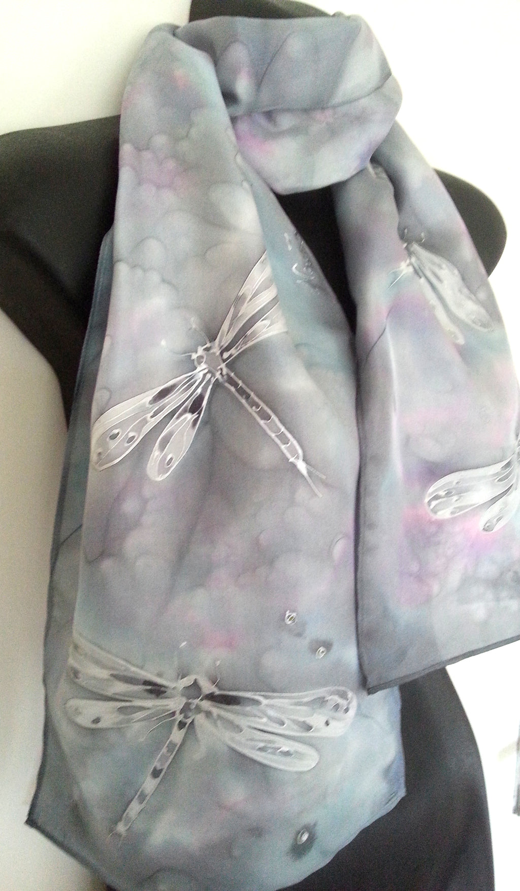 Dragonflies Silver- Hand painted Silk Scarf - Satherley Silks NZ