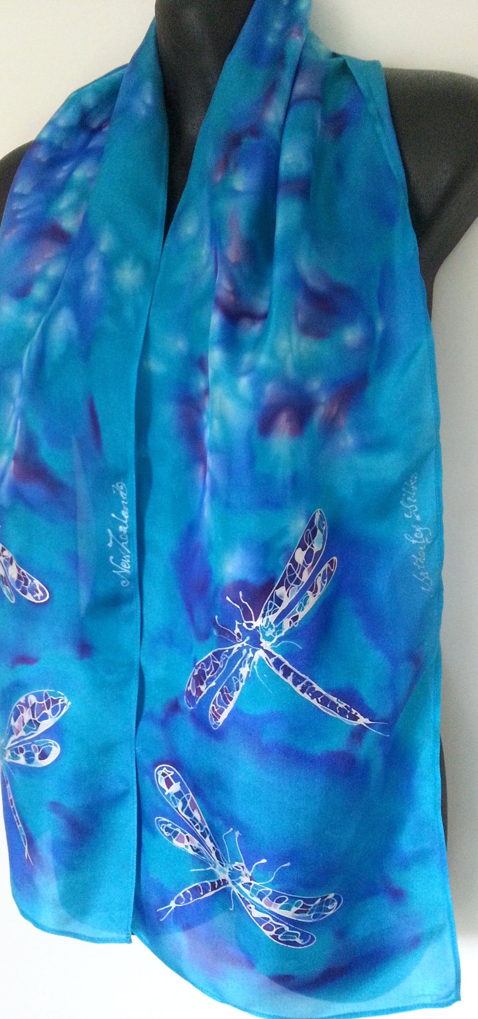 Dragonflies Turquoise - Hand painted Silk Scarf - Satherley Silks NZ