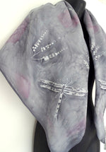 Dragonfly and Wildflowers Silver  Square - Hand painted Silk Scarf