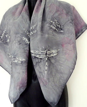 Dragonfly and Wildflowers Silver  Square - Hand painted Silk Scarf