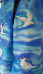 Fairy Tern on  Blue - hand painted Silk Scarf - Satherley Silks NZ