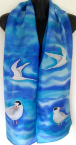 Fairy Tern on  Blue - hand painted Silk Scarf - Satherley Silks NZ