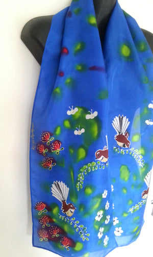 Fantail Garden, Manuka, Pohutukawa & Bees - Hand painted Silk Scarf - Satherley Silks NZ