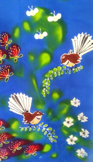 Fantail Garden, Manuka, Pohutukawa & Bees - Hand painted Silk Scarf - Satherley Silks NZ