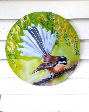 Fantail New Zealand Bird - Circle Outdoor Art Panel - Satherley Silks NZ